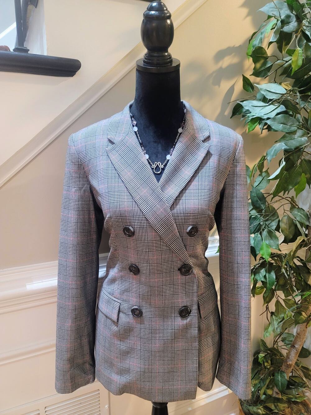 Guess Blazer Women Small Gray/Black Plaid Double Breasted Faux Pocket Lined